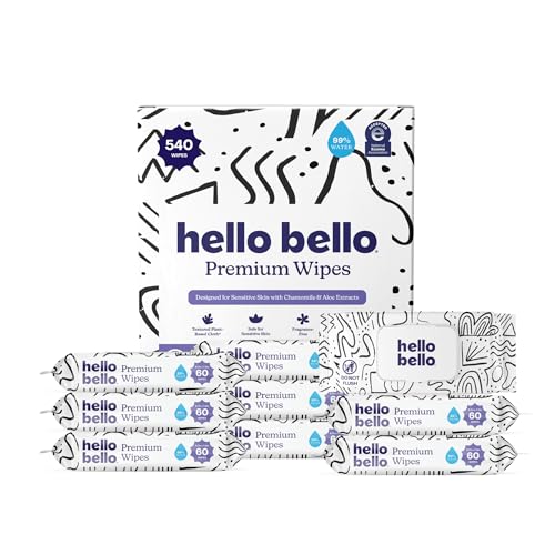 Image of Hello Bello Premium Wipes, Designed for Sensitive Skin with Chamomile & Aloe Extracts, Playful Sketches (9 Resealable Packets = 540 Total Wipes)
