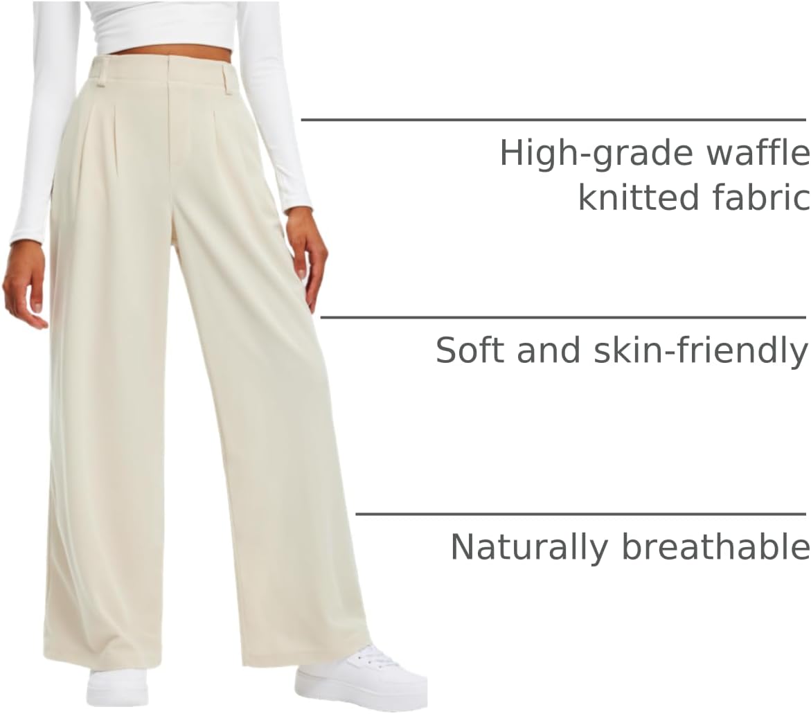 Libin Women's Wide Leg Pants 27"/29" High Waisted Waffle Knit Casual Slacks Work Pants Business Palazzo Trousers with Pockets