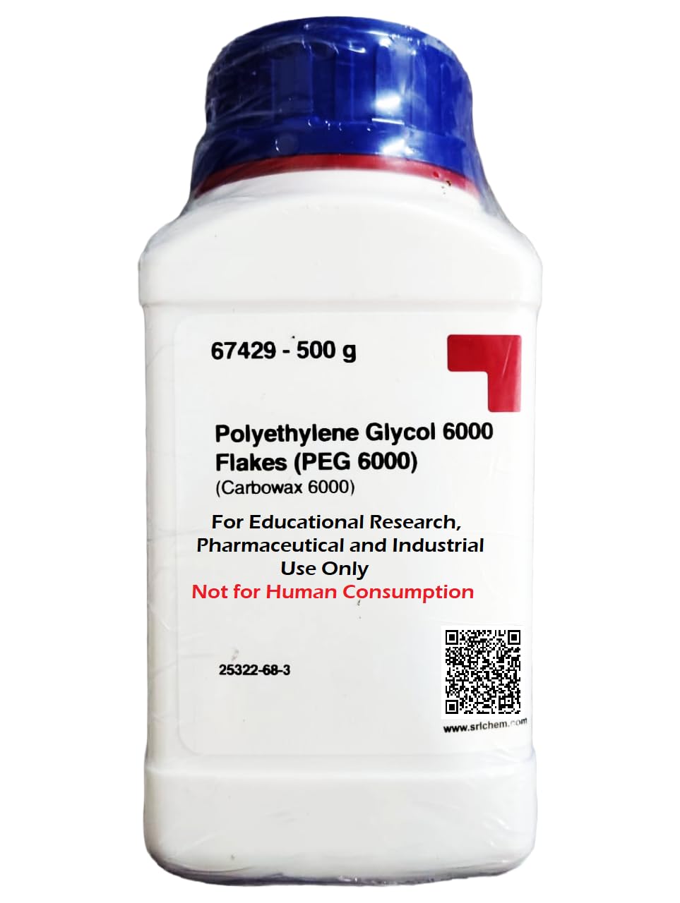SRL Polyethylene Glycol 6000 (PEG 6000), 500GM, CAS : 25322-68-3, Storage: Room Temperature, Shelf Life: 60 Months for laboraotry and industrial use.