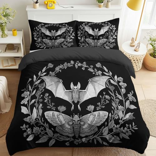 Funda de edredón reversible tamaño King, color negro, vintage, lavable a máquina, ropa de cama decorativa, diseño de murciélagos y polillas, ultrasuave, para adolescentes y adultos