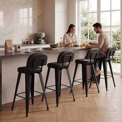 Image of Yongchuang 26 inch Bar Stools Set of 4, Black Faux Leather Counter Height Stools with Back Metal Legs Modern Upholstered Kitchen Island Bar Chairs
