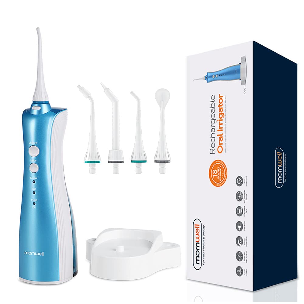 Mornwell Water Flosser Cordless Teeth Cleaner, 3 Modes Water Dental Flosser Rechargeable Portable Oral Irrigator with 5 Jet Tips for Travel, Braces & Bridges Care (Blue)
