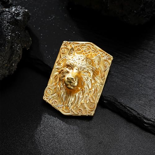 Image of Wolf Viking Brooch Elegant Gold-Plated Wolf Head Brooch - Exquisite Animal Jewelry Accessory
