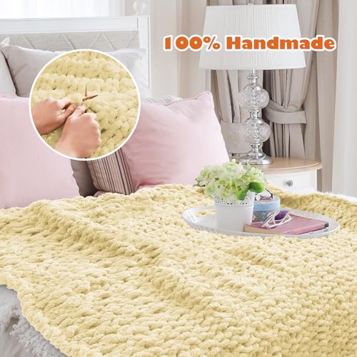 Chunky Knit Blanket Throw, 50x60inch Soft Chenille Yarn Throw, Handmade Warm Thick Cable Knit Crochet Blanket, Large Rope Knot Throw Blanket for Couch Bed Sofa,Beige - Image 5