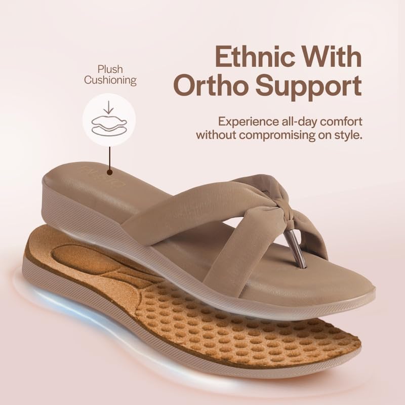 Image of FAUSTO Women Bow Design Dual Strap Office Party Ortho Slip On Sandals | T-Strap Thong Slippers | Light Traditional Outfits, Festive Kurtis, Salwar Suit Set