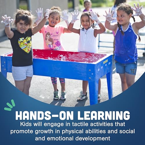 Constructive Playthings Indoor/Outdoor Sand and Water Activity Table for Kids Ages 1-3, Portable Classroom Play Table with Dry-Erase Top and 2 Side Trays, Blue/Red