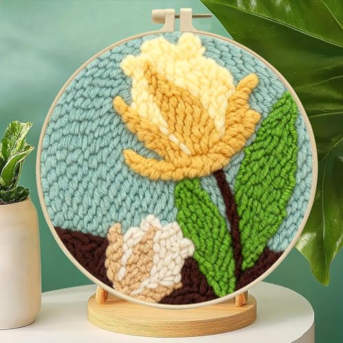 Image of Zhenqing Lily Flower Punch Needle Embroidery Kit | 29x29cm Botanical Design with Hoop & Tools | DIY 3D Textured Wall Art for Beginners(Z95095C)