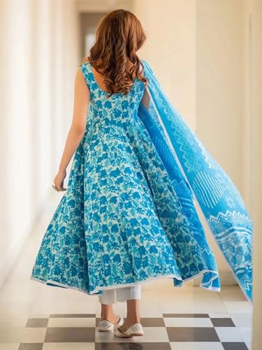 Tee Projekt Women's Cotton Blend Floral Printed Anarkali Kurta Pant With Dupatta Set Ll Round Neck Ll Blue Kurta Set