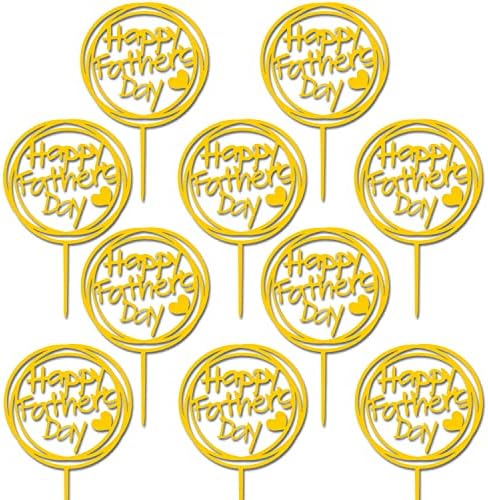 CAVLA 10 Pieces Happy Father's Day Cake Toppers Round Acrylic Fathers Day Cake Picks With Heart Signs Best Dad Ever Thanks Dad Dad’s Day Cake Toppers Father's Day Party Cake Decorations Supplies Gold