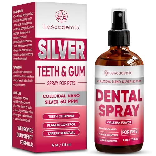 Dental Spray for Pets – Cat & Dog Breath Freshener That Helps with Tartar, Plaque, & Bad Odor – Silver 50 PPM + Valerian Flavour for Dog Teeth Cleaning – 4 Oz