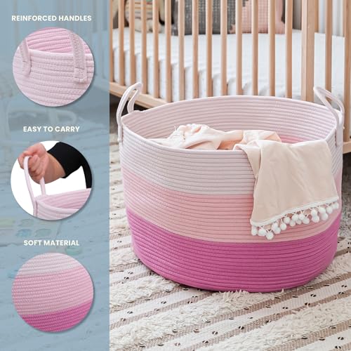 Image of OrganiHaus Round Toy Basket & Blanket Basket, Cotton Rope 20x13 inch | 3-Toned Pink - Round Cotton Rope Basket, 20x13 inch