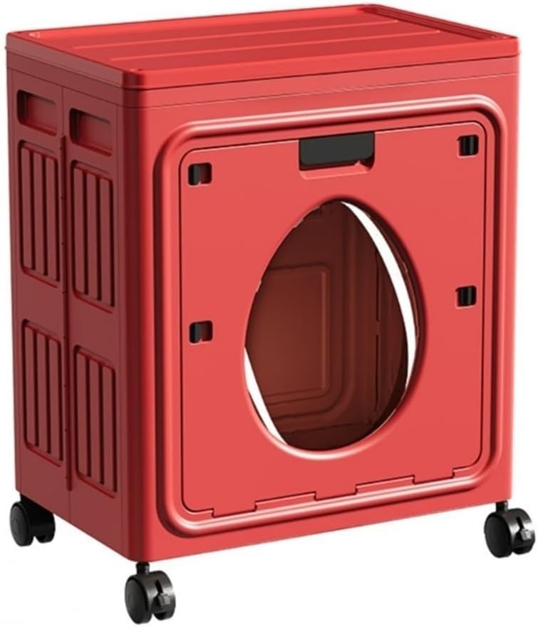 Plastic Storage Bin, Collapsible Storage Box, Laundry Basket with Wheels, Movable Clothes Hampers for Laundry Room, Balcony(Red)