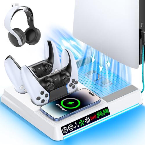 Soporte de Refrigeración para PS5 Compatible con PS 5/Slim/Pro, Cargador para Mando PS5, Ventilador para PS5 de 3 Velocidades con Iluminación RGB, Cargador Inalámbrico & Accesorios PS5 Almacenamiento