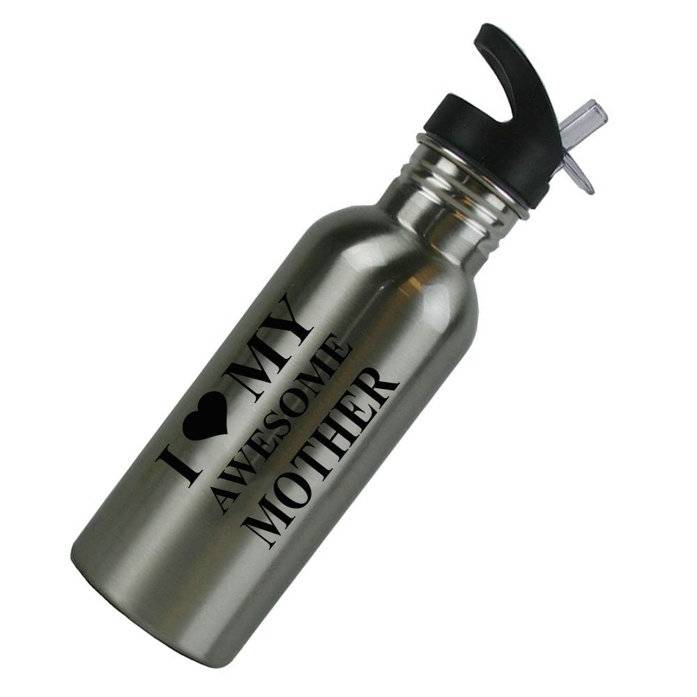 CustomGiftsNow I Love My Awesome Mother Edelstahl-Wasserflasche mit Sportverschluss, Trinkhalm, 600 ml, silberfarben