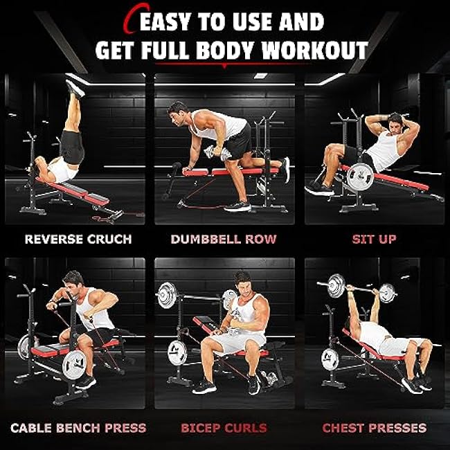 OPPSDECOR 600lbs 6 in 1 Weight Bench Set with Squat Rack Foldable Bench Press with Removable Foot Catch Adjustable Workout Bench for Home Gym