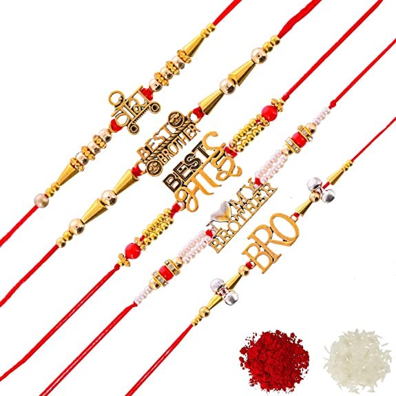 BUC Rakhi For Brother - Handmande Thread Rakhi Combo Set Of 5, Perfect Rakhi For Kids Boy With Roli Chawal Hamper (BROTHER5) (B0992PN9K9) Amazon Price History, Amazon Price Tracker