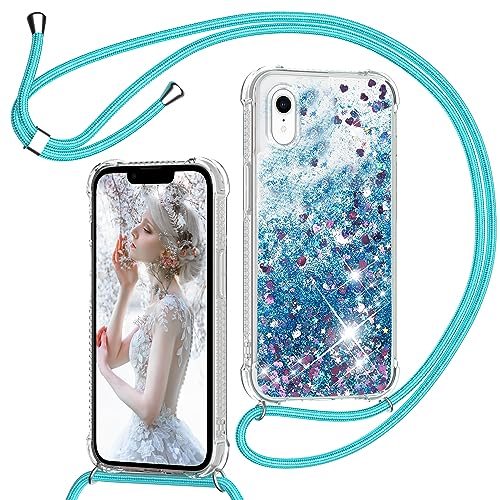 TUUTPU Handyband für iPhone XR Hülle mit Band Glitzer Treibsand Handyhülle mit Kordel zum Umhängen Transparent Stoßfest Schutzhülle mit Kette Schnur Quicksand Necklace Case in Blau