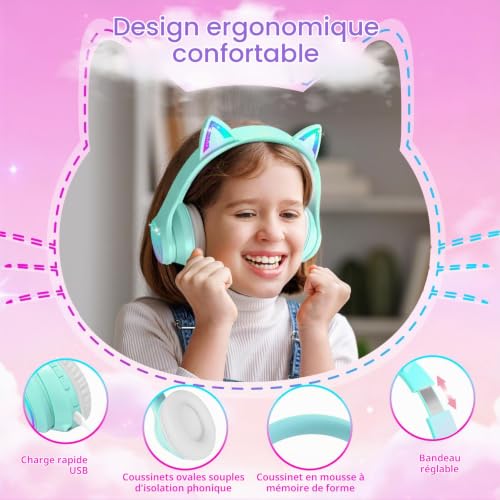 isightguard Casque Enfant, Casque Audio Bluetooth Chat Enfant avec Sac, sans Fil et Filaire, Casque Musique Garçon Fille Pliable Réglable pour École Voyage – vue 2