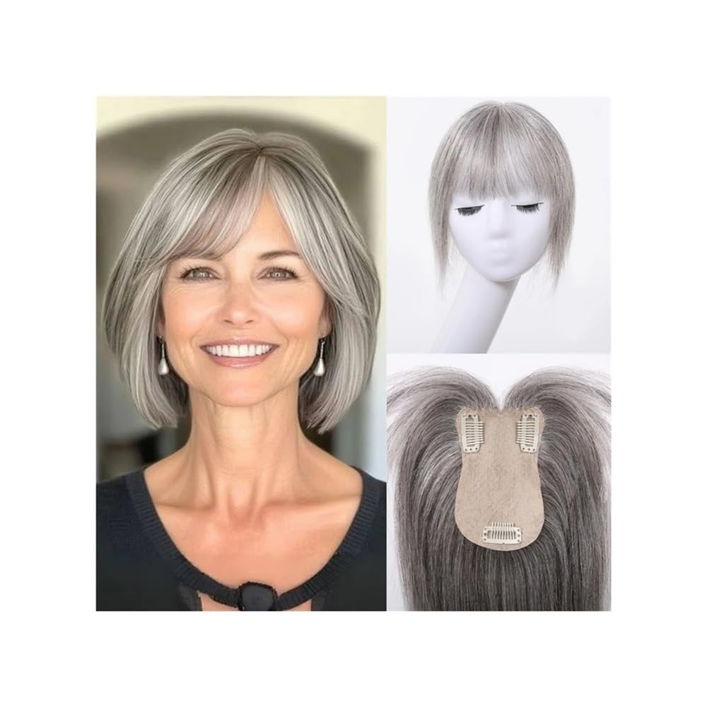 Haarteile für die Körperpflege für Echthaare von Frauen, 360°-3D-Abdeckung für den mittleren Pony für Haarverlängerungen von Frauen,Grey