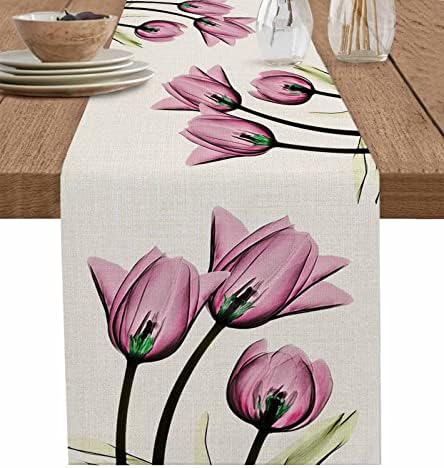 Spring Floal Table Runner 108 inch Long, Purple Tulip Table Runner for Kitchen Non-Slip Dining Table Runners, Burlap Dresser Scarves for Wedding Holiday Party Tabletop Art Flower Rustic Decor
