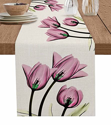 Spring Floal Table Runner 108 Inch Long, Purple Tulip Table Runner For Kitchen Non-Slip Dining Table Runners, Burlap Dresser Scarves For Wedding Holiday Party Tabletop Art Flower Rustic Decor #TOP1