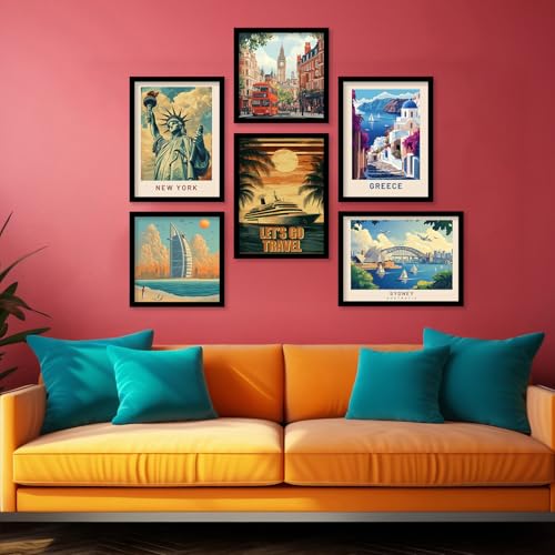 Image of kotart Retro Travel Theme City Vibes Wall Decor Photo Frames - Modern Art City Vibes Wall Decor Photo Frames - Wall Poster with Frame for Room Office Living Room Hotel Home Decor Set of 8 (Art 4, Big(13x17 or 13x13 inch), Framed)