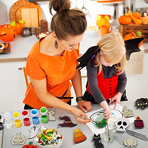 Image of JOYIN 12 Pcs Halloween Wood Craft Kit, Wooden Magnet Creativity Arts Painting Kit, DIY Halloween Painting Craft for Kids Party Supplies, Toddler Party Favors Family School Activities