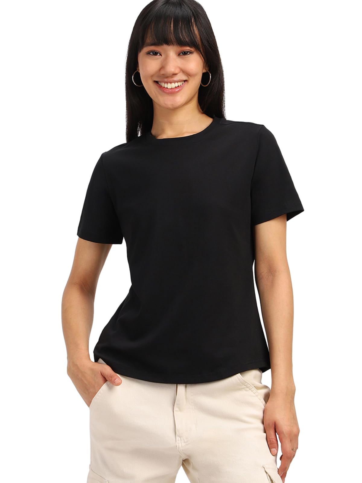 JUNEBERRYCotton Lycra Stretchable Regular Fit Round Neck Solid Half Sleeves T-Shirt for Women & Girls (Color Options: Black, Green, Limeade, Blue, Magenta & Tigerlily)