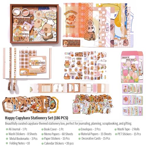 Image of The AutoStory Kawaii Scrapbooking Kit A6 Junk Journal Cute Animal Stickers Decor Collage Paper Washi Tape DIY Craft Art Creative Diary Activity Present Kids Teens Girls (Happy Capybara, Brown)