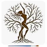 FINGERINSPIRE Tree Woman Painting Stencil with Paintbrush 11.8x11.8inch Reusable Tree of Life Stencils Branches Woman Silhouette Pattern Painting Stencil for Wall Floor T-Shirt Fabric DIY Decorations