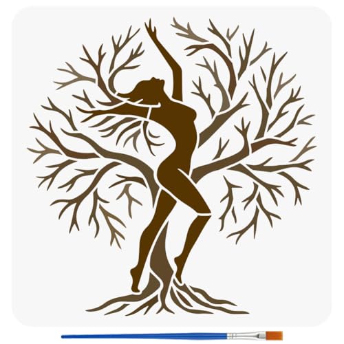 FINGERINSPIRE Tree Woman Painting Stencil with Paintbrush 11.8x11.8inch Reusable Tree of Life Stencils Branches Woman Silhouette Pattern Painting Stencil for Wall Floor T-Shirt Fabric DIY Decorations