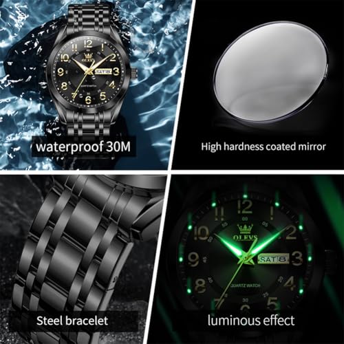 Image of OLEVS Mens Watches Business Large Numer Easy to Read Quartz Watch Stainless Steel Waterproof Luminous Date Casual Male Watch