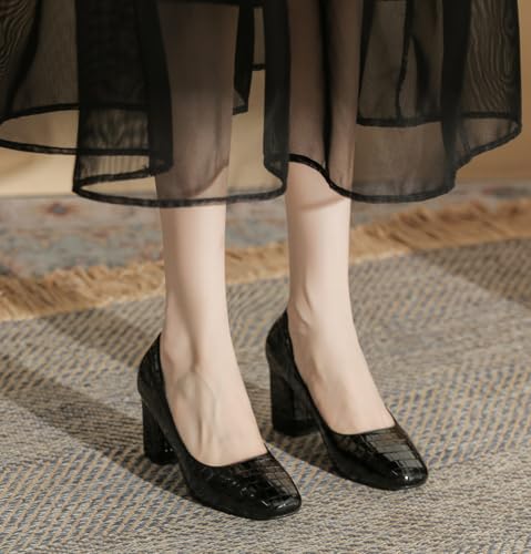 LizFoYa Women Embossed Square Toe Dress Pumps Polished Leather Dress Block High Heels Office Shoes4