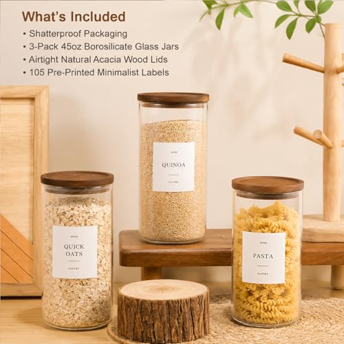 3 Pack Glass Containers with Acacia Lids, 45oz Pantry Airtight Storage Jars - Image 2