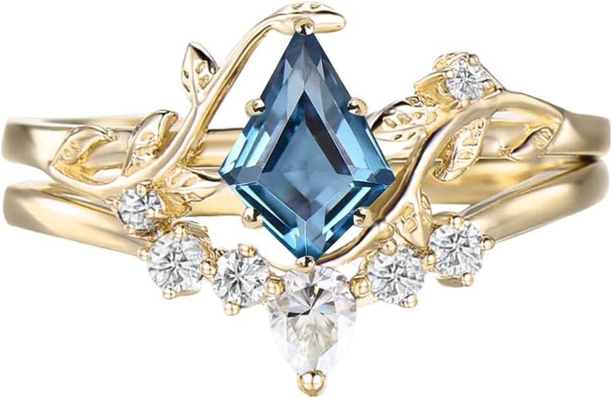 10K 14K 18K Solid Gold Kite Shaped Gemstone and Moissanite Wedding Ring Sets for Women Gemstone Leaf Art Deco Ring Set Bridal Wedding Ring Set Free Engraved