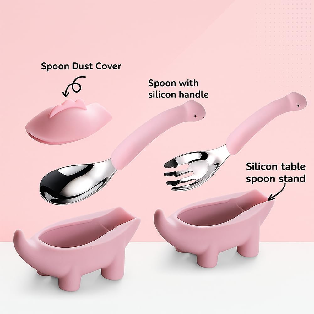 ONE AND ONLY Baby Spoon & Fork Set with Dino Cover | Stainless Steel & Soft Silicone Handle | BPA-Free, Ergonomic Feeding Utensils for 6–12 Months, Toddler Cutlery & Baby Shower Gift (Pink, Pack of 2) - Image 2 thumbnail