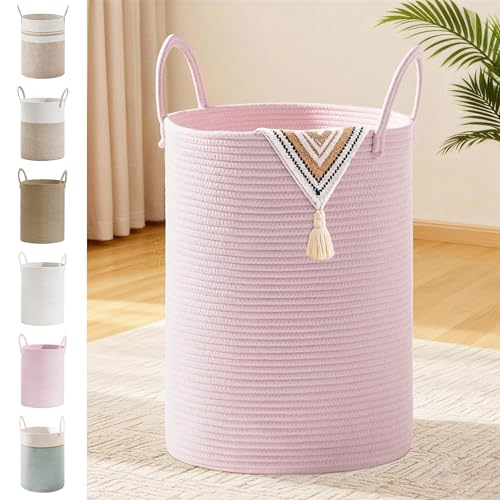 Image of 72L Large Tall Cotton Rope Laundry Basket with Handles, Pink