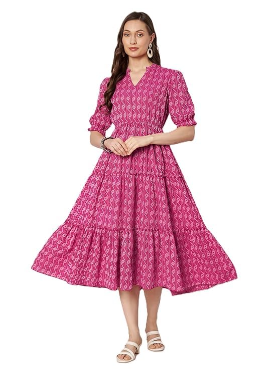 Image of PIDAVLIYA'S Women's Floral Summer Maxi Dress I Cotton Printed I One Piece Bodycon Midi Dress with V-Neck, Puffed Sleeves