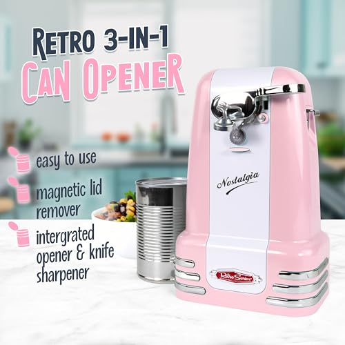 Image of Nostalgia Retro Electric Can Opener for Kitchen with Magnetic Lid Remover, Knife Sharpener, and Soda or Beer Bottle Opener, Pink