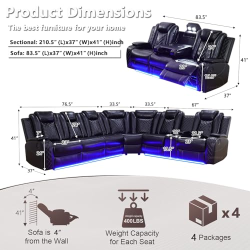 Image of Power Recliner Sectional Sofa Couches with LED Lights for Living Room, Black Leather Wall Hugger Reclining Corner Couch Sets with 4 Home Theater Seat, USB Port, Cup Holder, Storage Console