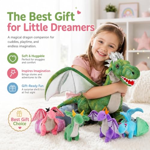 Image of 7Pcs Giant Green Dragon Plush Toy Set, 21.7 inch Big Mother Dragon Stuffed Animal with 4 Babies & 2 Eggs, Stuffed Dinosaurs for Kids Boys Girls, Cute Soft Plushies Gift for Birthday Christmas