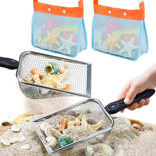 QINGLER 2 PCS Beach Mesh Shovel Sand Sifters with 2 PCS Mesh Beach Bag, Shark Tooth Sifter for Shell...