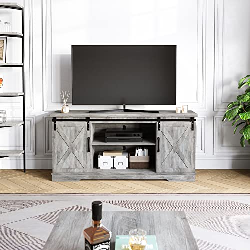 Amyove TV Stand for 65 Inch TV Modern Farmhouse Wooden Entertainment Center with Sliding X Barn Door and Storage, 58 Inch Gray