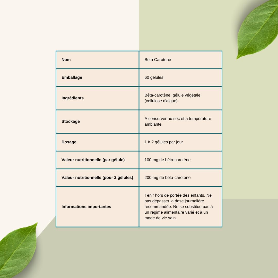 Bêta-carotène 100 mg 60 capsules - Bêta-carotène hautement concentré - Complexe de bêta-carotène Sunglow comme accélérateur de bronzage - Pour les pygmées
