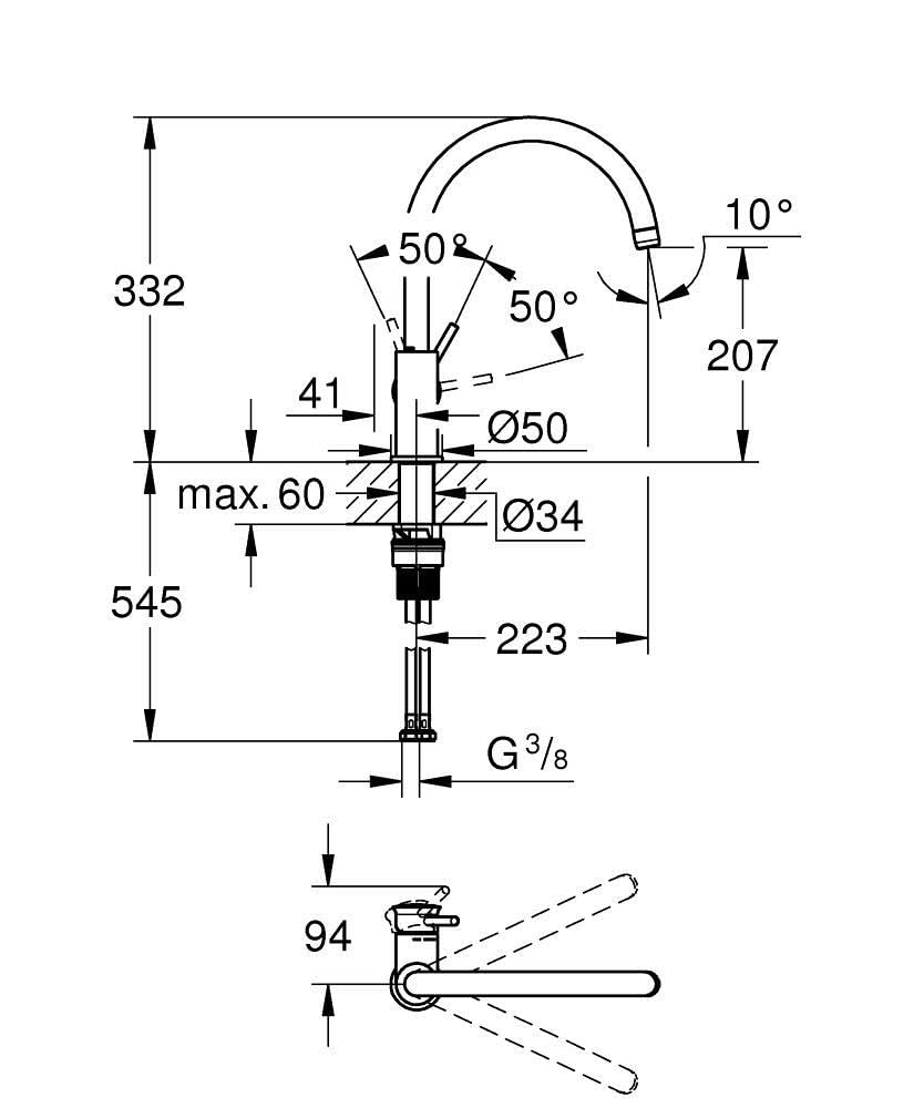 GROHE Start Classic, Küchenarmatur, hoher Auslauf (Wasserhahn für die Küche, Spültischarmatur mit praktischem 360° Schwenkbereich, einfache Montage am Spülbecken), chrom, 31553001