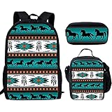GIFTPUZZ Mochila para portátil con lonchera y estuche escolar, 3 unidades, Caballo Azteca Turquesa, Talla única, Moda informal