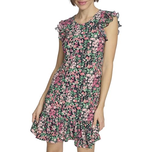 Image of Tommy Hilfiger Women's Sleeveless Crew Neck Double Ruffle Hem Jersey Shift Mini Dress