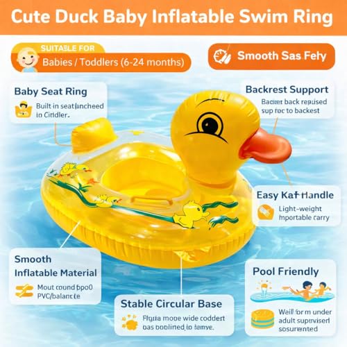 Image of Mammoth Cute Duck Baby Inflatable Swim Ring with Seat & Backrest Support, Safety Handle, Stable Float Tube for Toddlers 6-24 Months, Durable PVC Pool Float for Kids Summer Water Fun [ Yellow ]