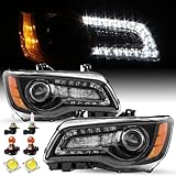 SOCKIR Halogen Headlight Assembly Fit for 2011-2023 Chrysler 300/300C Angel Eye Projector Headlamp w/LED DRL Black Housing Amber Reflector (LH+RH) with All Bulbs