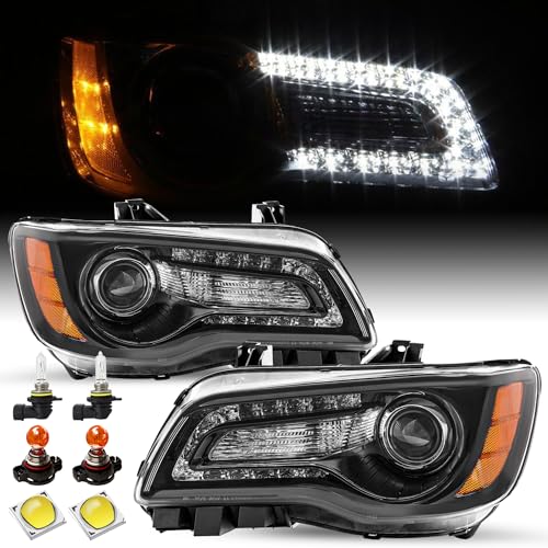 SOCKIR Halogen Headlight Assembly Fit for 2011-2023 Chrysler 300/300C Angel Eye Projector Headlamp w/LED DRL Black Housing Amber Reflector (LH+RH) with All Bulbs